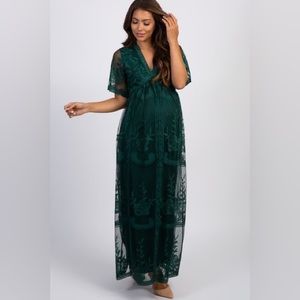 Pinkblush emerald green. Lace overlay. Maternity maxi dress. Size L